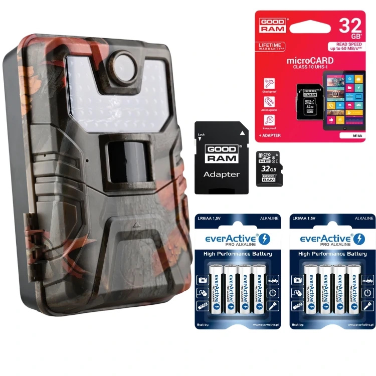ZESTAW Fotopułapka KAMERA LEŚNA HC-900A 36Mpx 44 IR LED + Karta SD 32GB + 8x Baterie AA everActive