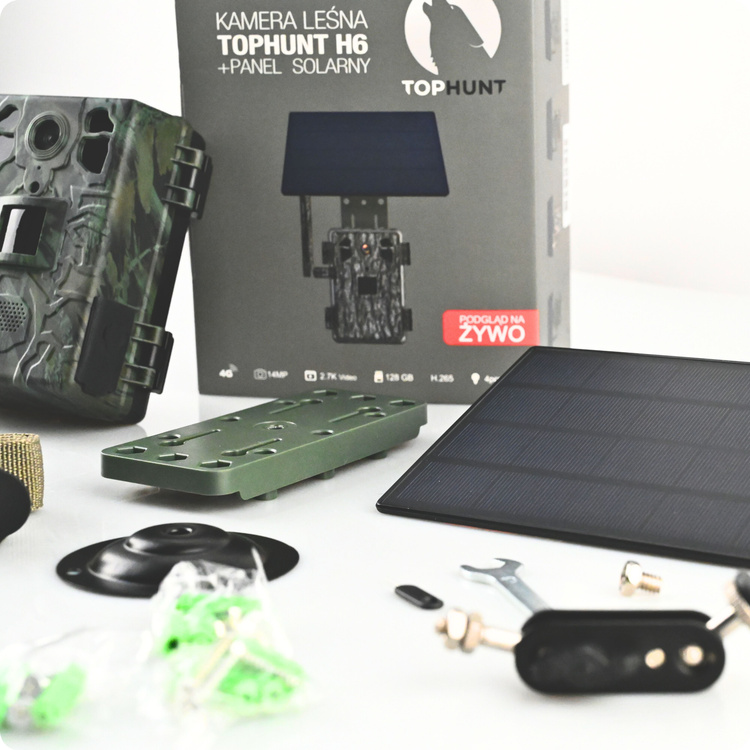 Zestaw Fotopułapka GSM Kamera Leśna TOPHUNT H6 Green Panel Solarny 6xAkumulator 18650 Karta SD 32 GB Karta SIM Orange + Preparat zapachowy wabik na dziki