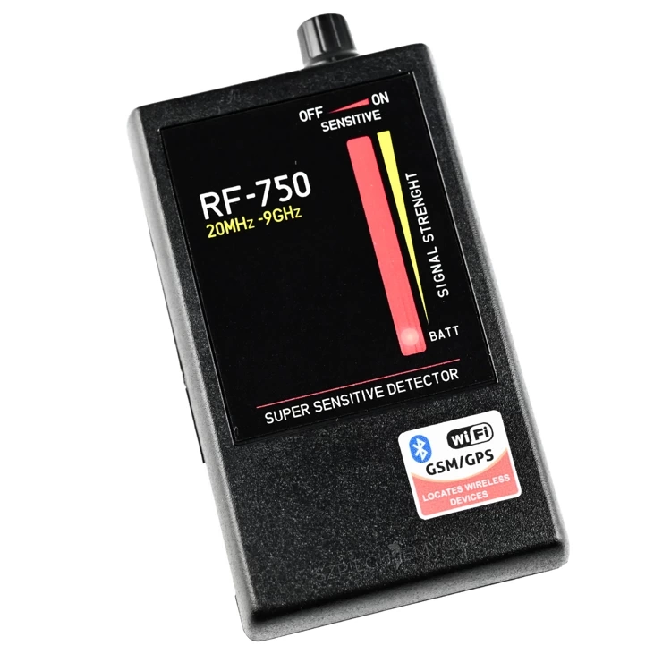 Profesjonalny wykrywacz podsłuchów i kamer RF-750 z widoczną anteną i diodami sygnalizacyjnymi.