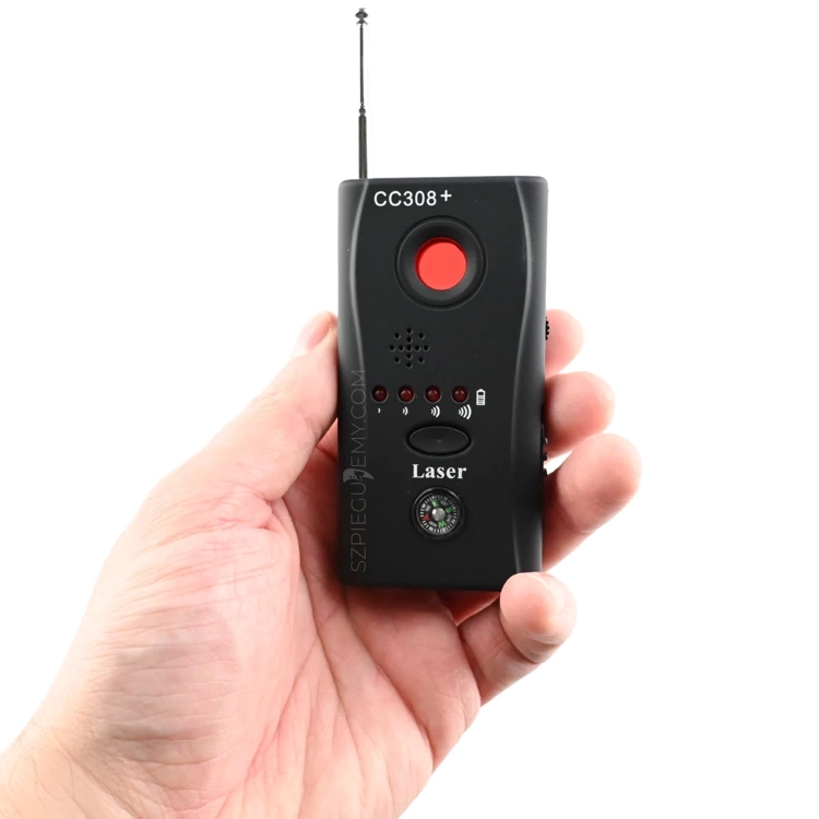 Wykrywacz podsłuchów CC-308+ – widok frontu z rozłożoną anteną, panelem diod LED i wizjerem optycznym