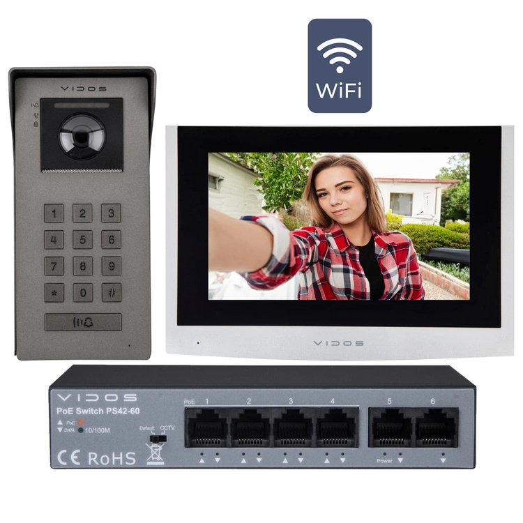 ZESTAW STACJA BRAMOWA ZEWNĘTRZNA WIDEODOMOFONU VIDOS IPX S100 + MONITOR WIDEODOMOFONU IP M100-X WiFi VIDOS IPX + Switch POE