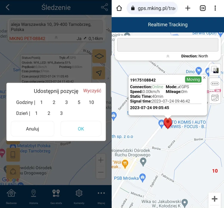 Aplikacja pokazująca dokładną lokalizację MK50 na mapie Google