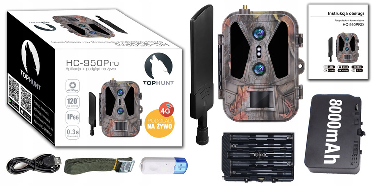 Kamera Leśna Fotopułapka 4K 4G LTE PODGLĄD na ŻYWO Aplikacja HC-950Pro AKU  + preparat do wabienia dzików