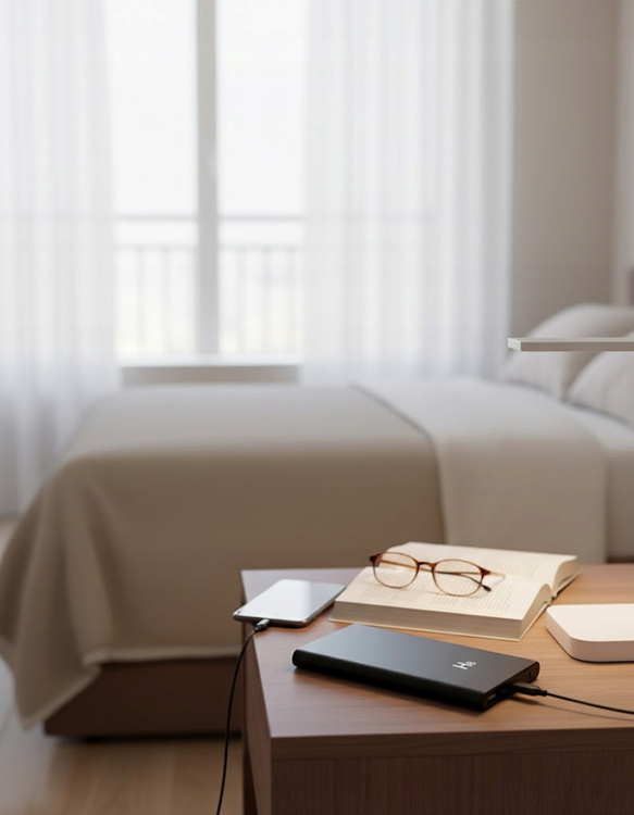 ukryta kamera w powerbanku na szafce nocnej