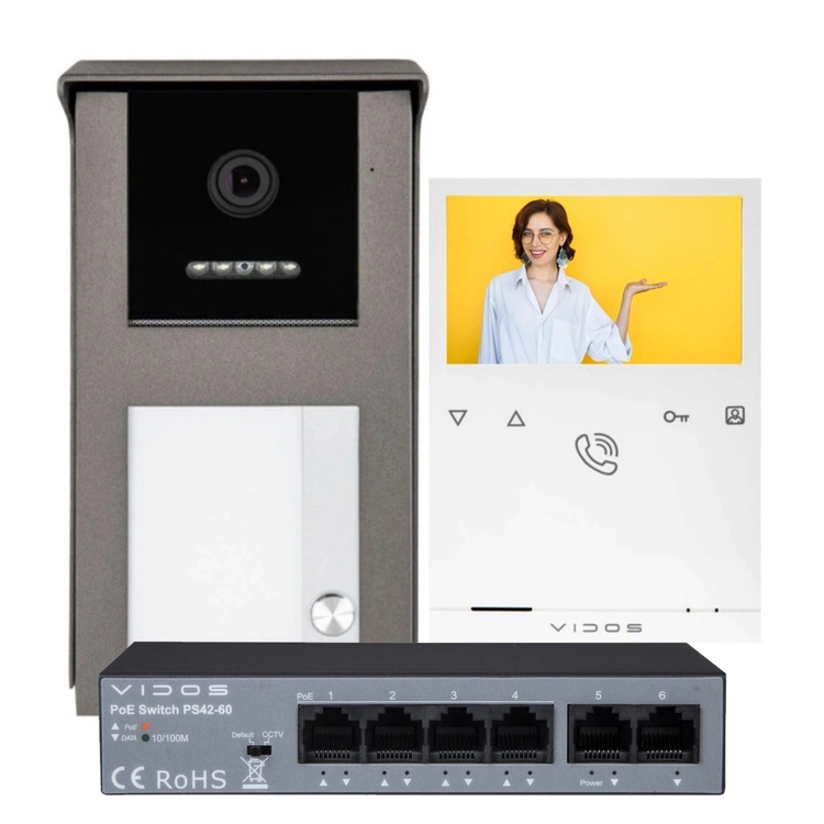  ZESTAW STACJA BRAMOWA ZEWNĘTRZNA WIDEODOMOFONU VIDOS IPX S101-1 + MONITOR WIDEODOMOFONU IP M101 VIDOS IPX + Switch POE