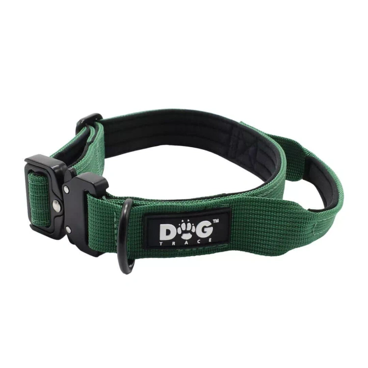 Taktyczna obroża Dogtrace K9 widok z boku z uchwytem i klamrą bezpieczeństwa