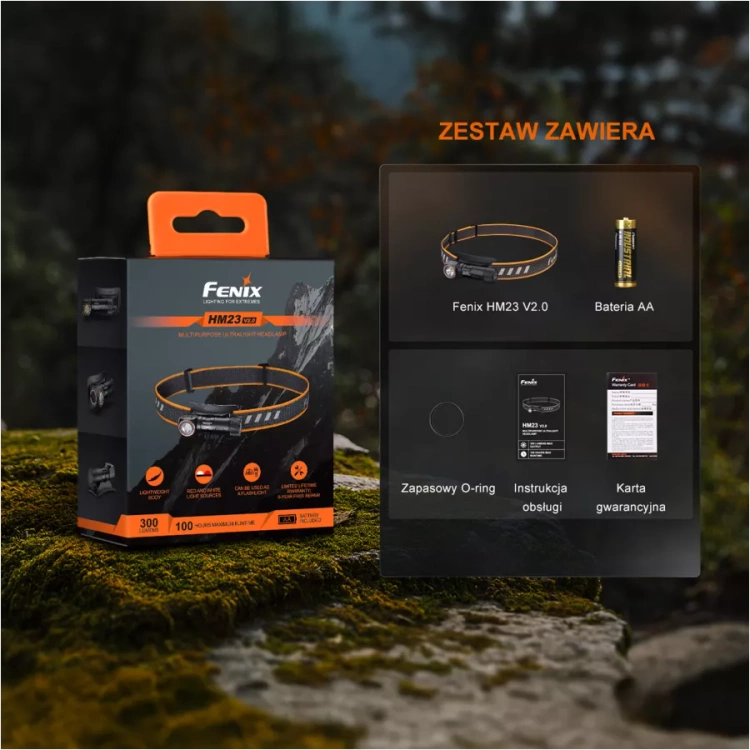 Zdjęcie zawartości zestawu latarka Fenix HM23 V2.0