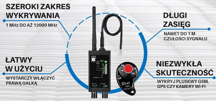 Wykrywacz podsłuchów, lokalizatorów GPS i kamer WiFi MD8000 detektor z sondą i laserem
