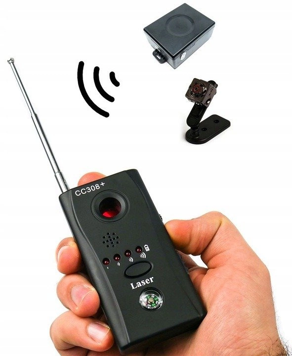 Zbliżenie na panel kontrolny CC-308+ z podświetlonymi diodami LED i przyciskiem trybu wibracyjnego – akcesoria: słuchawki i ładowarka