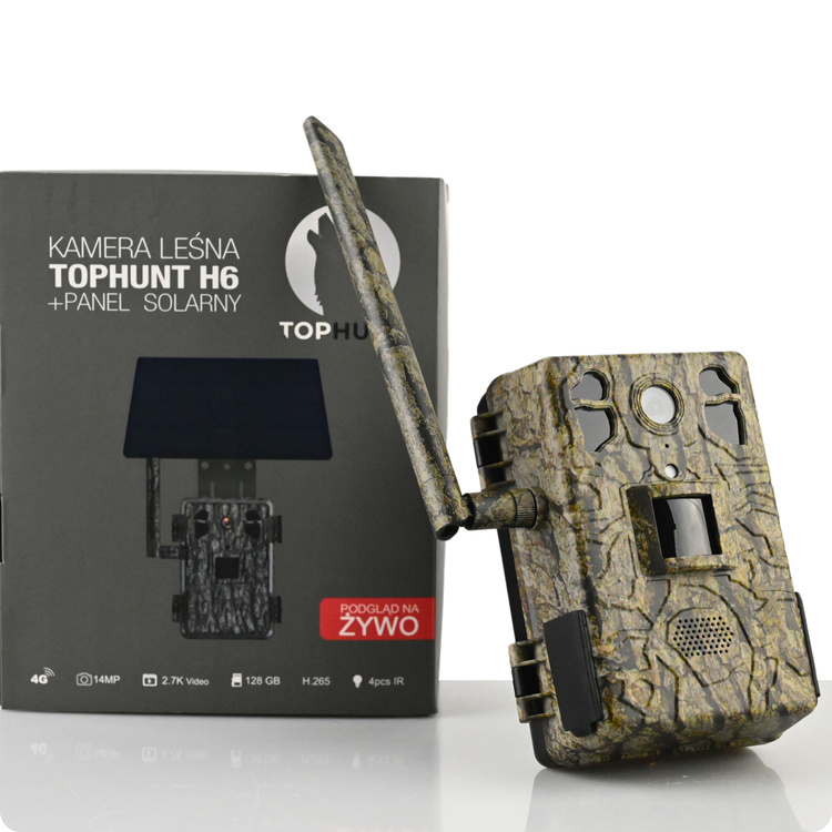 Zestaw Fotopułapka GSM Kamera Leśna TOPHUNT H6 Tree grain Panel Solarny 6xAkumulator 18650 Karta SD 32 GB Karta SIM Orange