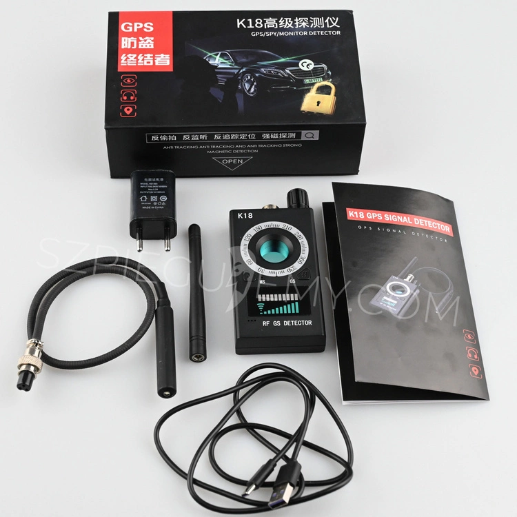 Wykrywacz podsluchow DM-K18 z rozłożoną anteną radiową i akcesoriami w zestawie