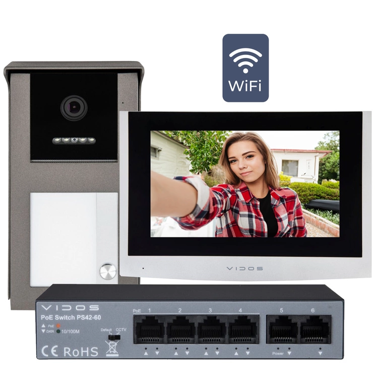  ZESTAW STACJA BRAMOWA ZEWNĘTRZNA WIDEODOMOFONU VIDOS IPX S101-1 + MONITOR WIDEODOMOFONU IP M100-X WiFi VIDOS IPX + Switch POE