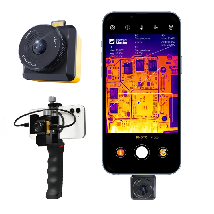 Kamera termowizyjna Thermal Master T2S Pro podłączona do smartfona – widok z boku z obiektywem makro 8mm