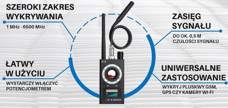 Uniwersalny Wykrywacz Podsłuchów i GPS DM-K18 – Skuteczny Detektor Pluskiew i Kamer WiFi