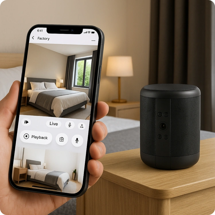 Kamera ukryta w głośniku Bluetooth BS02 WiFi – widok z przodu z obiektywem