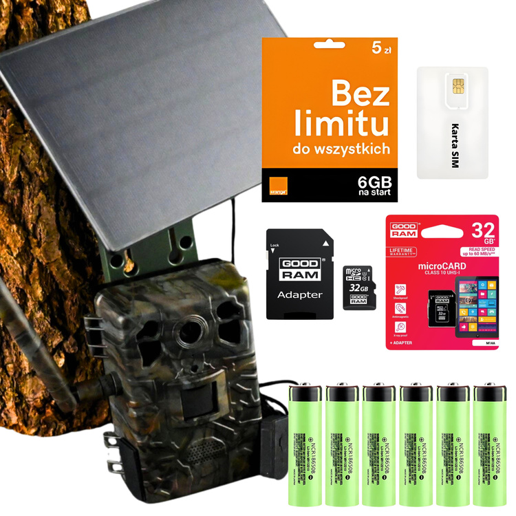 Zestaw  gsm Kamera Dla pszczelarza TOPHUNT H6 Dark Green Panel Solarny 6xAkumulator 18650 Karta SD 32 GB Karta SIM Orange