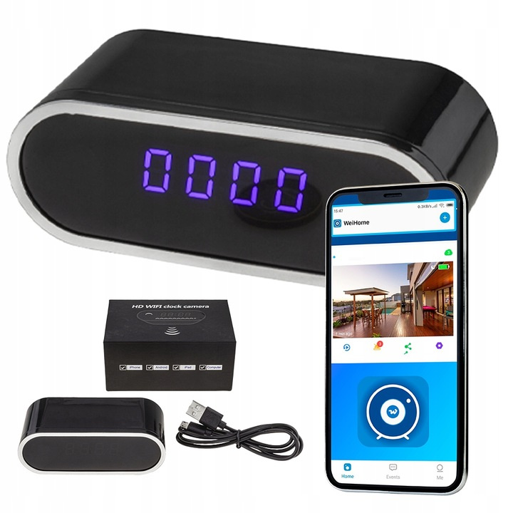 Ukryta kamera w zegarze budzik WiFi Full HD LED