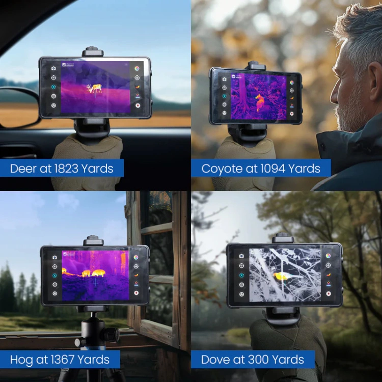 Smartfon z systemem Android połączony z monukularem termicznym T2 MAX – widok ekranu z obrazem termowizyjnym i siatką celowniczą