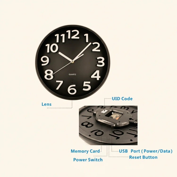 Kamera zegarowa W400 zamontowana na ścianie w biurze – widok z boku z kablem zasilającym