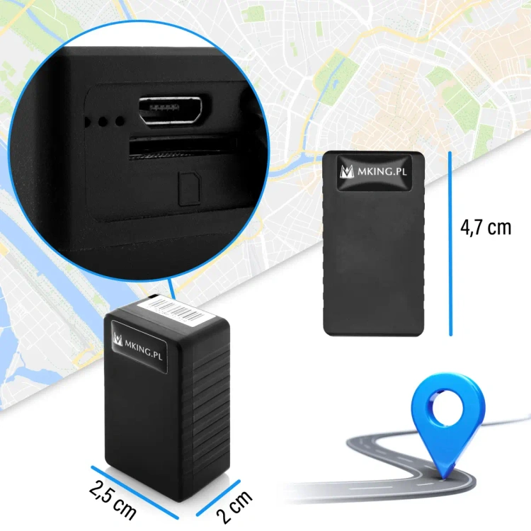 Lokalizator GPS MK50 podłączony do ładowania kablem USB