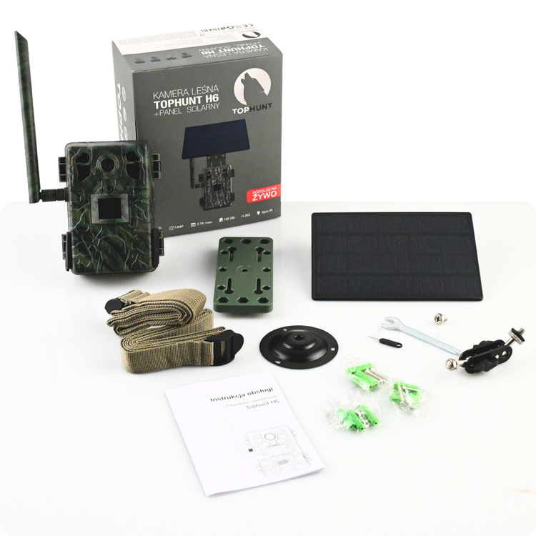 Zestaw Fotopułapka GSM Kamera Leśna TOPHUNT H6 Green Panel Solarny 6xAkumulator 18650 Karta SD 32 GB Karta SIM Orange + Preparat zapachowy wabik na dziki
